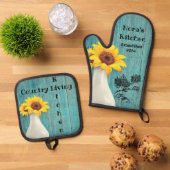 Blue Wood Daisy Ofenhandschuh & Topflappen-Set (Oben Unten)