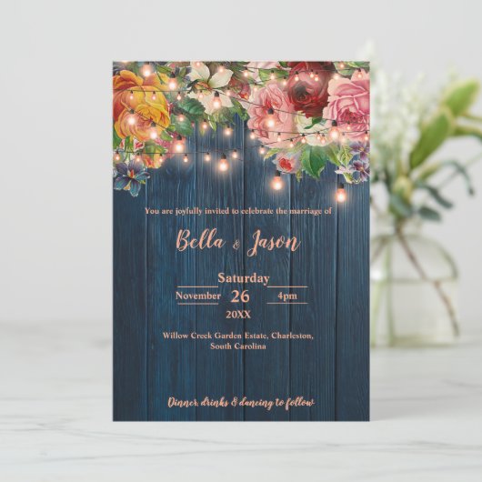 Blue Wood Floral String Lights Rustic Wedding Einladung (Stehend Vorderseite)