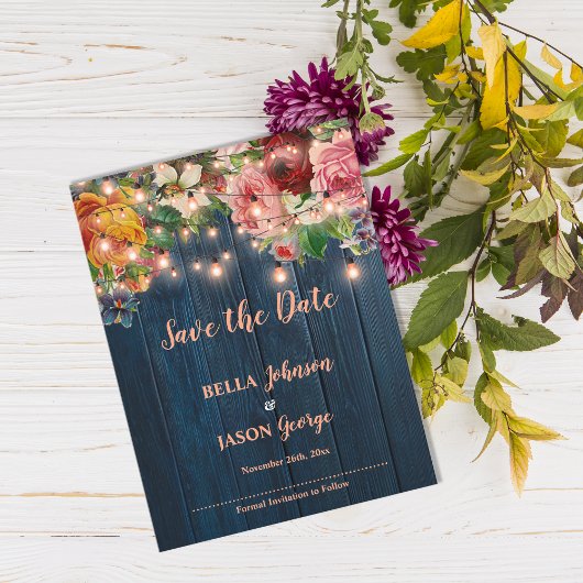 Blue Wood Floral String Lights Save The Date Einladungspostkarte