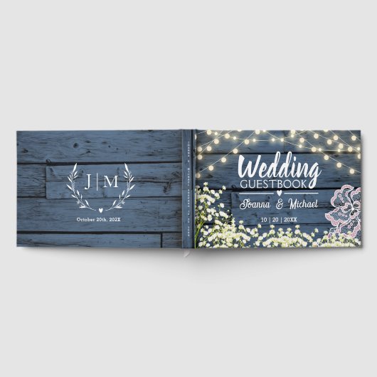 Blue Wood Gipskraut Lights & Lace Wedding Gästebuch (Voll)