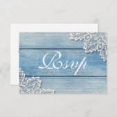 Blue Wood Grain and Lace Rsvp Card Begleitkarte (Vorne/Hinten)