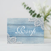 Blue Wood Grain and Lace Rsvp Card Begleitkarte (Stehend Vorderseite)