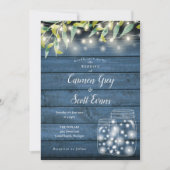 Blue Wood Greenery Mason Jar Lights Foto Wedding Einladung (Vorderseite)
