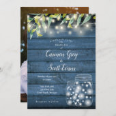 Blue Wood Greenery Mason Jar Lights Foto Wedding Einladung (Vorne/Hinten)