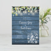 Blue Wood Greenery Mason Jar String Lights Wedding Einladung (Stehend Vorderseite)