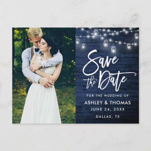Blue Wood Jar Lights Pinselschrift Save the Date Postkarte (Vorderseite)