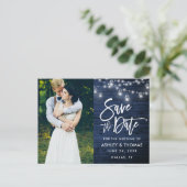 Blue Wood Jar Lights Pinselschrift Save the Date Postkarte (Stehend Vorderseite)