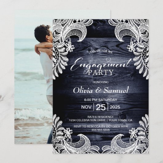 Blue Wood Lace Custom Foto Engagement Party Einladung (Vorne/Hinten)