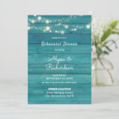 Blue Wood Lace & String Lights Probe Dinner Einladung (Stehend Vorderseite)