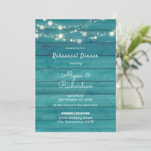 Blue Wood Lace & String Lights Probe Dinner Einladung (Stehend Vorderseite)