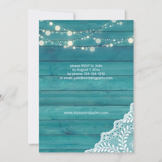 Blue Wood Lace & String Lights Probe Dinner Einladung (Rückseite)