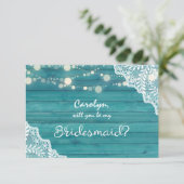 Blue Wood Lights Be my Bridesmaid? mit Foto Einladung (Stehend Vorderseite)