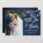 Blue Wood Lights Pinselschrift Liebe Dank Hochzeit Dankeskarte (Vorne/Hinten)