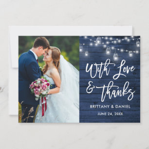 Blue Wood Lights Pinselschrift Liebe Dank Hochzeit Dankeskarte