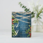 Blue Wood Monogram WeihnachtsWedding Save the Date Ankündigungspostkarte (Stehend Vorderseite)