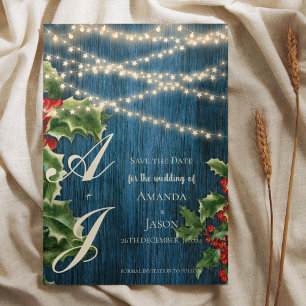 Blue Wood Monogram WeihnachtsWedding Save the Date Ankündigungspostkarte