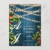 Blue Wood Monogram WeihnachtsWedding Save the Date Einladungspostkarte (Vorderseite)