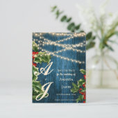 Blue Wood Monogram WeihnachtsWedding Save the Date Einladungspostkarte (Stehend Vorderseite)