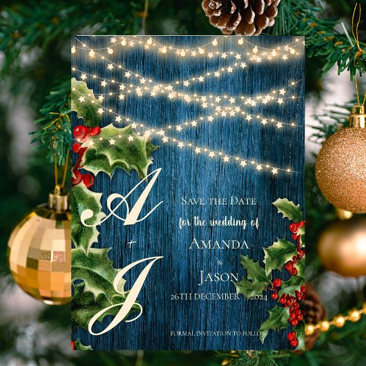 Blue Wood Monogram WeihnachtsWedding Save the Date Einladungspostkarte