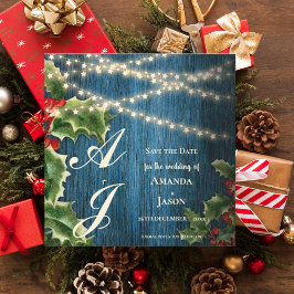 Blue Wood Monogram WeihnachtsWedding Save the Date Magneteinladung