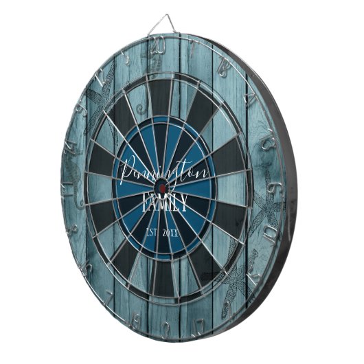 Blue Wood Ocean Life Custom Familienname Dartscheibe (Vorderseite rechts)
