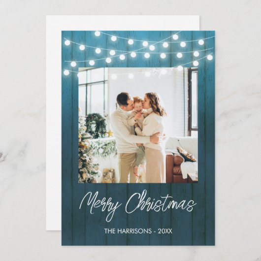 Blue Wood Plate String Lights Foto Weihnachten (Vorne/Hinten)