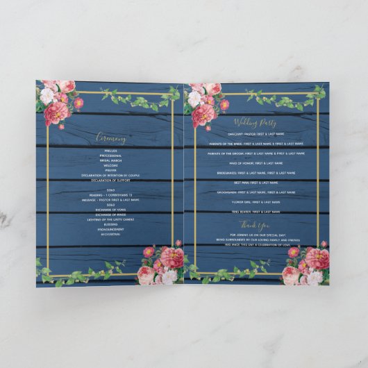 Blue Wood Rose Gold Wedding Order of Service Programm (Innenseite)