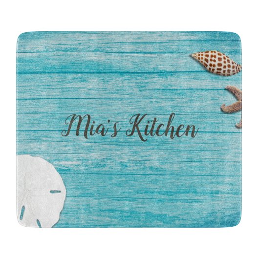 Blue Wood Seashells Custom Wording Schneidebrett (Vorderseite)