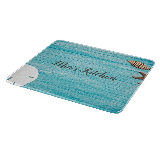 Blue Wood Seashells Custom Wording Schneidebrett (Ecke)