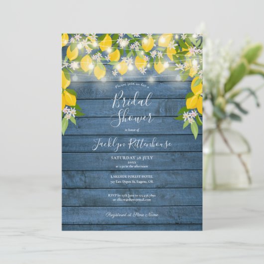 Blue Wood String Lemons Brautparty Einladung (Stehend Vorderseite)
