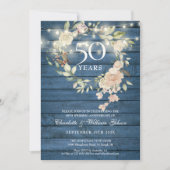 Blue Wood String Lights Floral 50 Jahre Jubiläum Einladung (Vorderseite)