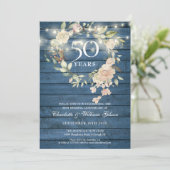 Blue Wood String Lights Floral 50 Jahre Jubiläum Einladung (Stehend Vorderseite)