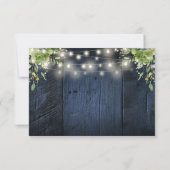 Blue Wood String Lights Greenery Boho Wedding RSVP Karte (Rückseite)