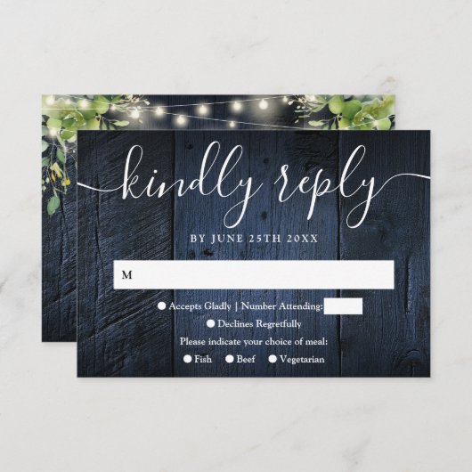Blue Wood String Lights Greenery Boho Wedding RSVP Karte (Vorne/Hinten)