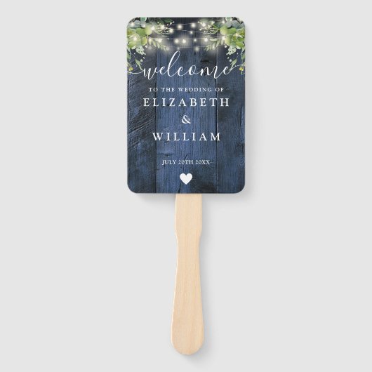 Blue Wood String Lights Grüne Hochzeitsprogramm Fächer (Vorderseite)