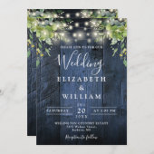 Blue Wood String Lights Grüne QR Code Hochzeit Einladung (Vorne/Hinten)