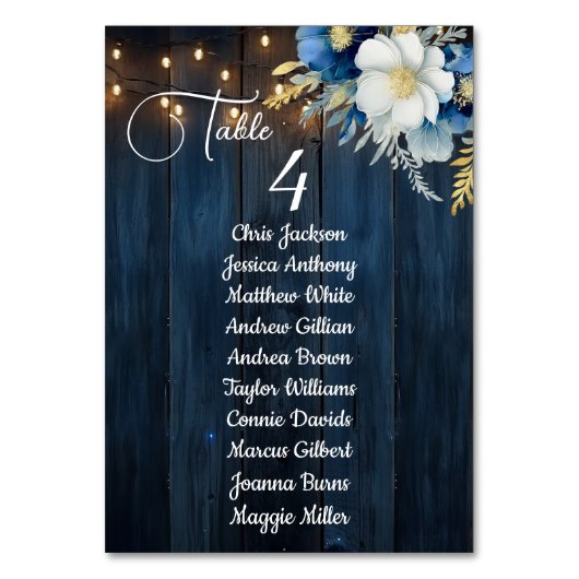 Blue Wood String Lights Guest Names Tischnummer (Rückseite)