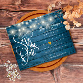Blue Wood String Lights Kalender Save the Date Ankündigungspostkarte