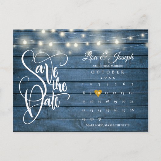 Blue Wood String Lights Kalender Save the Date Ankündigungspostkarte (Vorderseite)
