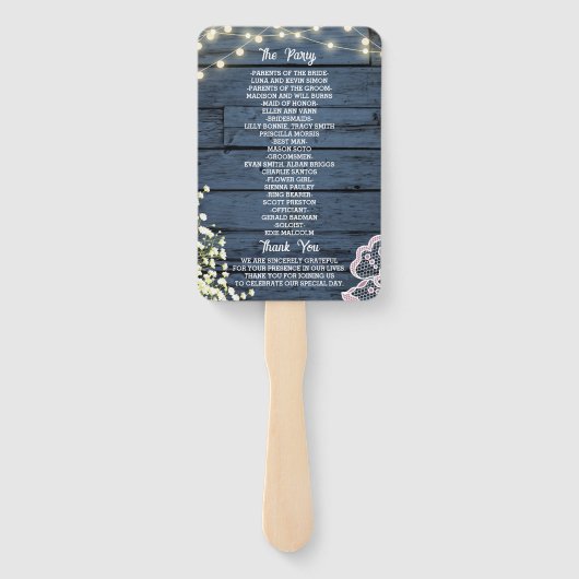 Blue Wood String Lights & Lace Wedding Program Fächer (Rückseite)