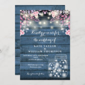 Blue Wood String Lights Mason Jars Floral Wedding Einladung (Vorne/Hinten)