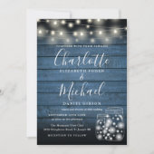Blue Wood String Lights Mason Jars Wedding Foto Einladung (Vorderseite)