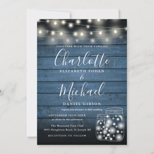 Blue Wood String Lights Mason Jars Wedding Foto Einladung (Vorderseite)