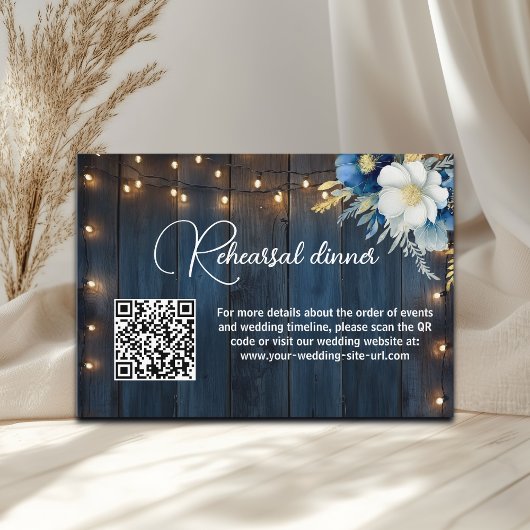 Blue Wood String Lights QR Code Probe Dinner Begleitkarte