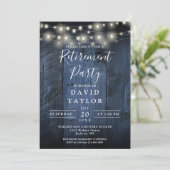 Blue Wood String Lights Retirement Party Foto Einladung (Stehend Vorderseite)