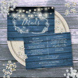 Blue Wood String Lights Wedding Details Card Einladung