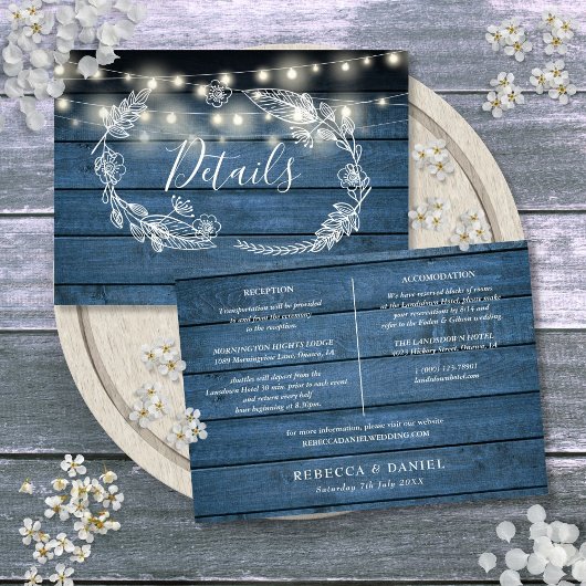 Blue Wood String Lights Wedding Details Card Einladung