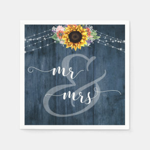 Blue Wood Sunflower Lights Mr. und Mrs. Serviette