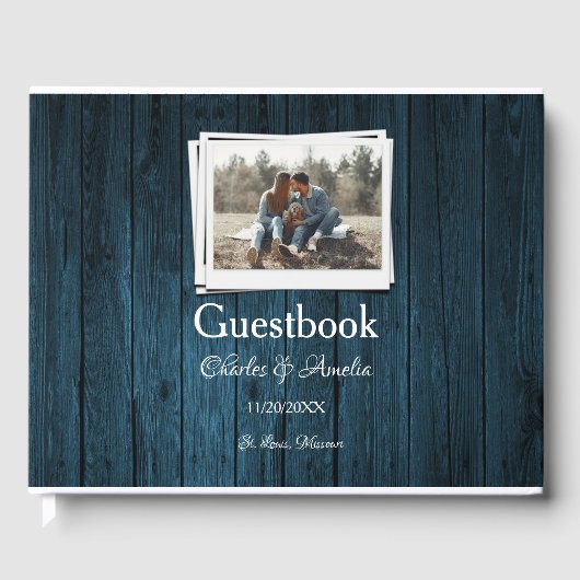 Blue Wooden Foto Hochzeitstag Gästebuch (Vorderseite)