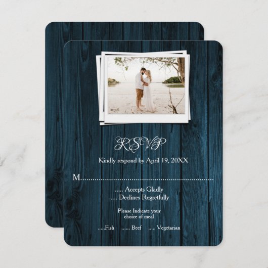 Blue Wooden Foto Wedding RSVP Card (Vorne/Hinten)